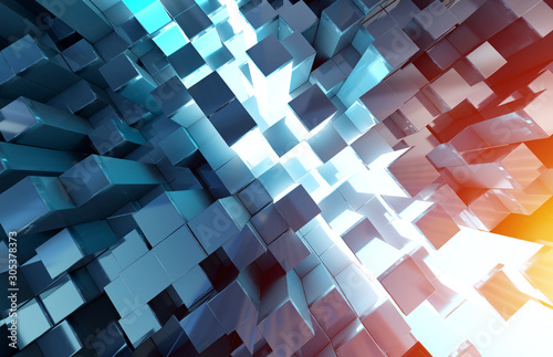 Glowing black blue and orange squares background pattern 3D rendering