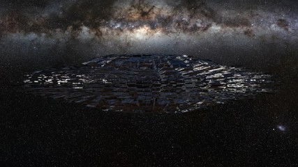 Canvas Print - ufo, rotating flying saucer, alien spaceship with extraterrestrial visitors in outer space, 4k loop