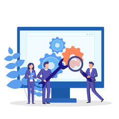 Poster - Software troubleshooting. Team workin on search and fixing technical problems. Vector concept illustration.