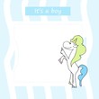 © Maria - Cute baby shower cartoon with beautiful unicorn. Label for children with funny unicorns. Vector illustration. It is a boy.