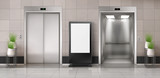 Fototapeta  - Office hallway with LCD screen floor stand, open and closed elevator doors. Vector realistic empty lobby interior with lift, plants and blank advertising display. White billboard with copy space