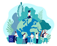 Take Care Of Earth. Environmental Protection, People Saving Planet, Green Energy Ecosystem, Volunteer Ecologists, Flat Vector Concept. Illustration Voluntary Collect Plastic, Nature Environment