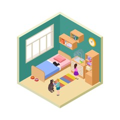 Sticker - Kids and pets. Girl, boy with cat, dog and bird. Isometric kids room interior vector illustration. Children with animal, cartoon cute child with pets