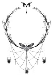 Wall Mural - Vector floral frame with death head butterflies and spiders with spiderweb in black, grey and white.