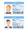 Id card. Women and men plastic identification cards, driver international license. Verify corporate document flat vector template. Illustration document id plastic, official identification