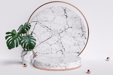 Aufkleber - Cosmetic product display background with plant, marble textured round podium and monstera leaves isolated on white, 3d illustration.