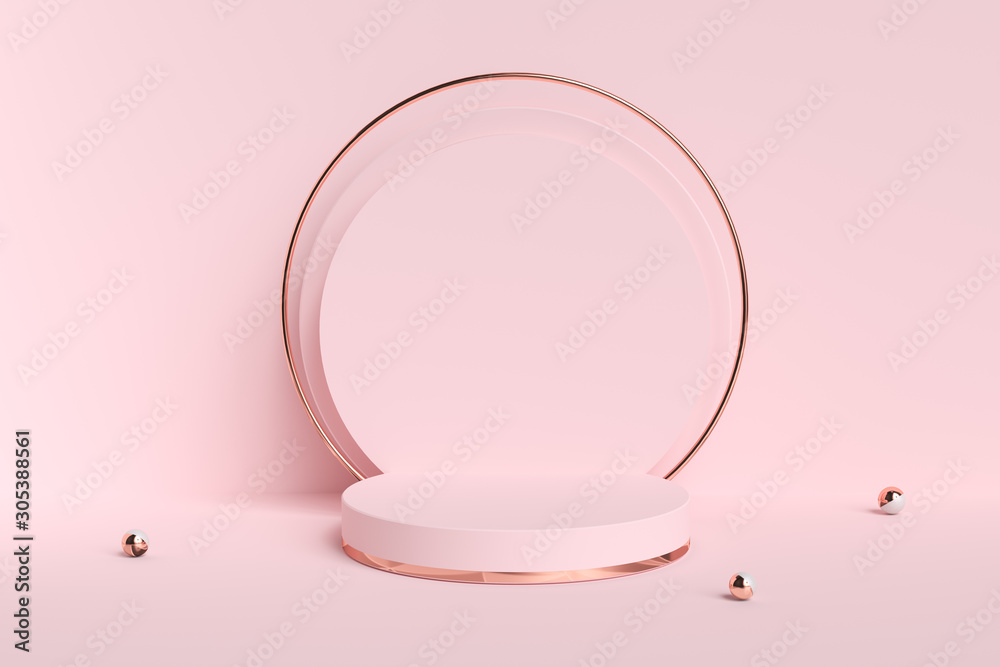 Cosmetic background for product presentation. Pink and gold abstract podium. 3d illustration. - obrazy, fototapety, plakaty 