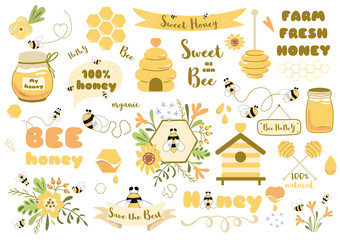 bees set honey clipart hand drawn bee honey elements hive honeycomb pot beekeeping text phrases illu