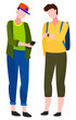 © robu_s - Friends standing together and talking. Guy in hat and green jacket with smartphone in hands. Man in yellow shirt with backpack looking on friend phone. People communication, vector illustration