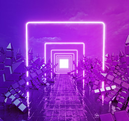 Poster - Sci Fi Futuristic space. bright Glowing neon lights tunnel abstract background. post apocalyptic concept. 3d rendering