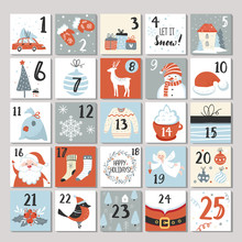 Advent Calendar, Christmas Poster, Holiday Season Cute Cards, Scandinavian Style, Vector Illustration