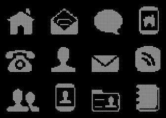 Poster - Mobile application icons. Halftone. White characters. Dotted illustration isolated on a black background. Vector illustration. EPS 10