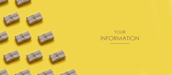 Wall Mural - Set of parcels wrapped in craft paper and tie threads. Gift box pattern. Online shopping. Yellow background. Web article template. Long header banner format. Sale coupon. Visit card. Your information.
