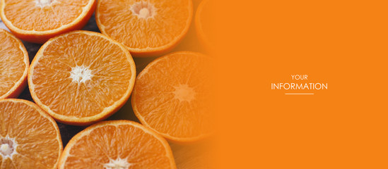 Wall Mural - Sliced oranges. Vitamin C. Fruits pattern. Fresh citrus. Web article template. Long header banner format. Sale coupon. Visit card. Your information. Text space.