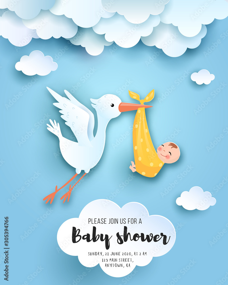 Baby shower card with cute stork in sky with baby, vector paper art ...