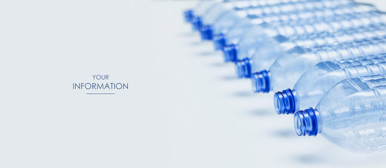 Wall Mural - Empty blue plastic bottles stacked in a line. Waste recycle concept. Manufacturing process.  Web article template. Long header banner format. Sale coupon. Visit card. Your information. Text space.