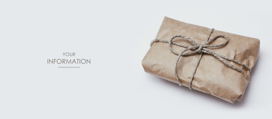 Wall Mural - Soft pouch wrapped in craft paper and tie hemp string. White background. Isolation. Web article template. Long header banner format. Sale coupon. Visit card. Your information. Text space.