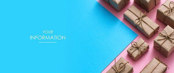 Wall Mural - Set of parcels wrapped in craft paper and tie hemp cord. Blue and pink backgrounds. Arrow to the right. Web article template. Long header banner format. Sale coupon. Visit card. Your information. Text
