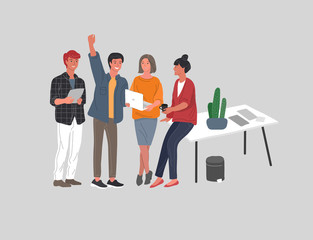 Wall Mural - Office or coworking workers communicating. Group of young trendy people take brake at work or teamwork meeting. Startup company at workplace. Vector cartoon