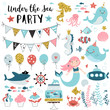 Under the sea party elements for greeting, birthday, invitation, baby shower card. Set of mermaid, whale, shark, fish, jellyfish ,balloons, flags, cupcakes and other. Vector illustration.