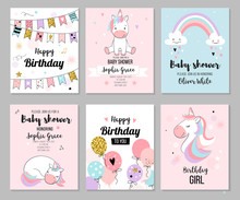 Baby Shower Invitation And Happy Birthday Greeting Card Set With Cute Unicorns. Vector Illustration, Hand Drawn Style.