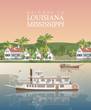 Louisiana. Mississippi River with steamboat and cute white houses on the shore
