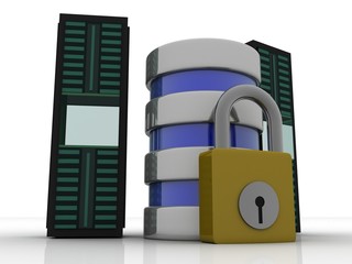 3d illustration Database storage security concept. Disk with lock