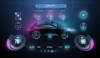 Wall Mural - Modern sports car dashboard with navigation display. Cockpit of futuristic autonomous car. Abstract virtual graphic touch user interface. Car Auto Service, Modern Design, Diagnostic Auto.