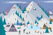 Winter Alps holidays background with active people. Winter outdoor activities, Tiny People ice skating, skiing, snowboarding, sledding. 