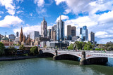 Fototapeta  - Melbourne / Australia - October 25 2019 : Melbourne city business district (CBD), Yarra River, Princess Bridge, Australia