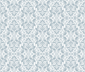  Wallpaper in the style of Baroque. Seamless vector background. White and blue floral ornament. Graphic pattern for fabric, wallpaper, packaging. Ornate Damask flower ornament