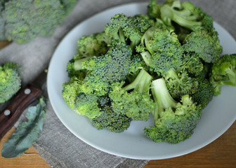 broccoli in the white plate. Healthy Green Organic Raw Broccoli Florets Ready for Cooking. Rustic style. Close up