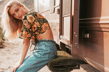 Retro Campervan With Hippie Californiagirl. California Van Lifestyle