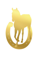 Horseshoe and horse soft gold metallic on white background