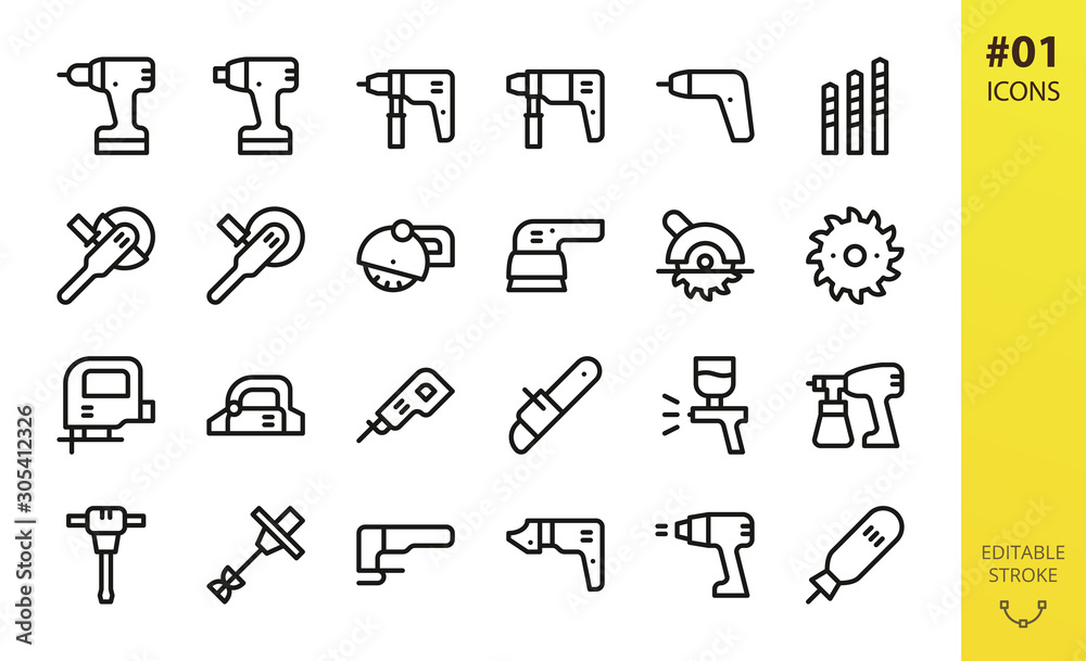Power tools icons set. Set of cordless screwdriver, circular saw, electric planer, power drill, impact wrench driver, electric airbrush spray gun, angle grinder outline icons - obrazy, fototapety, plakaty 
