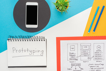 Poster - top view of smartphone near website design template and notebook with prototyping lettering on abstract background