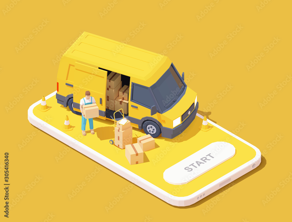 Vector parcel and mail delivery service and tracking app illustration, Smartphone with yellow delivery truck, express delivery courier holding cardboard box - obrazy, fototapety, plakaty 