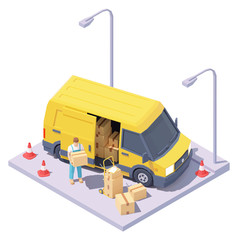 Wall Mural - Vector isometric courier with parcels and delivery van. Express mail courier delivery services. Yellow commercial van, worker holding cardboard box in hands