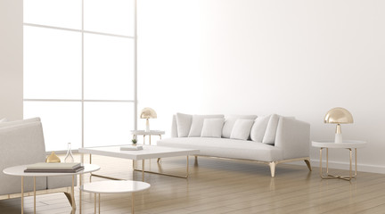 Aufkleber - View of living room space with fabric sofa and round side table on white wall. Perspective of minimal Interior design with gold lamp. 3d rendering.