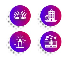 Poster - Arena stadium, Lighthouse and Skyscraper buildings icons simple set. Halftone dots button. Hotel sign. Sport complex, Navigation beacon, Town architecture. Travel. Buildings set. Vector