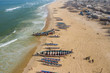 Aerial view of fishing village, pirogues fishing boats in Kayar, Senegal.  Photo made by drone from above. Africa Landscapes.