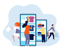Online Shopping. People Buying Products In Web Store E Commerce Smartphone Paying Vector Concept. Illustration Shopping With Smartphone, Consumerism Mobile