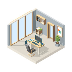 Poster - Office isometric. Business interior with furniture chair desk computer 3d vector low poly illustrations. Office business with table and chair