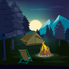 Sticker - Night campfire. Wooden landscape with tent and fireplace with big burned flame lighting outdoor vector background. Campfire night, tent outdoor illustration