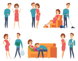 Sticker - Pregnant couples. Happy young family mother and father husband near happy pregnant wife vector characters. Illustration pregnant mother and husband love