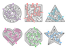 Game Maze. Labyrinth Collections Various Shapes With Many Entrance Gate Vector Set. Maze Game Complexity, Challenge Task Puzzle Labyrinth Illustration