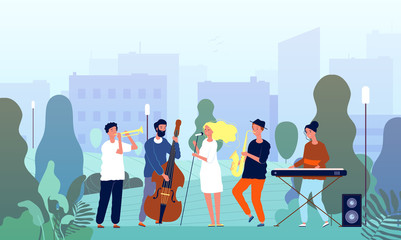 Canvas Print - Musicians in garden. Music band performing show in park singers and musical players trees outdoor vector concept characters. Musician cartoon artist, musical sax in park illustration