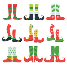 Elf Feet. Christmas Fairytale Character Colorful Stylish Boots Santa Shoes And Leggings Vector Cartoon Set. Elf Shoes, Feet And Legs Striped Illustration
