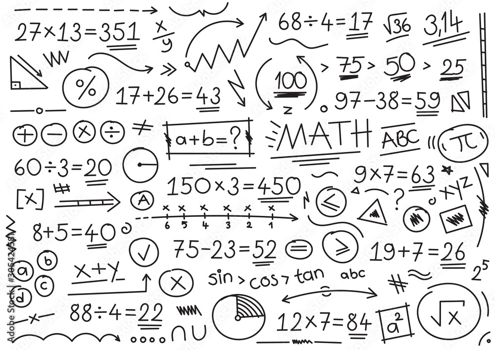 hand drawn math symbols. mathematical numbers, symbols and signs. hand drawn, number, symbol, sign and shapes. math concept - obrazy, fototapety, plakaty 