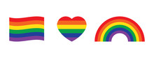 Rainbow Colored Flag, Heart And Rainbow Icons. LGBTQI Concept.